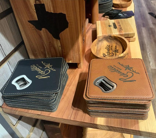 Genuine Texas Leather Coasters with Bottle Opener