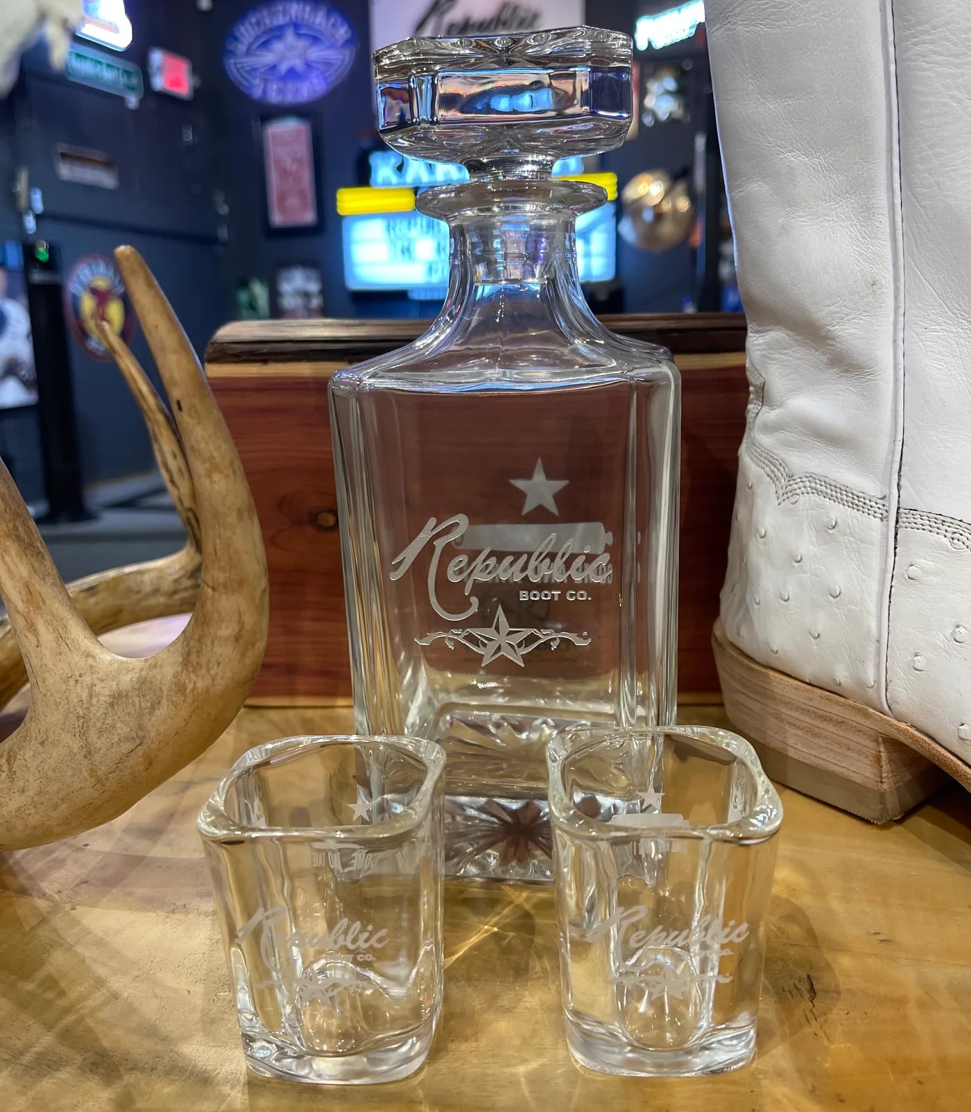 REPUBLIC BOOT CO WHISKEY DECANTER AND SHOT GLASSES