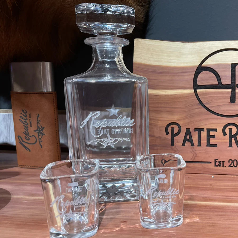 REPUBLIC BOOT CO WHISKEY DECANTER AND SHOT GLASSES