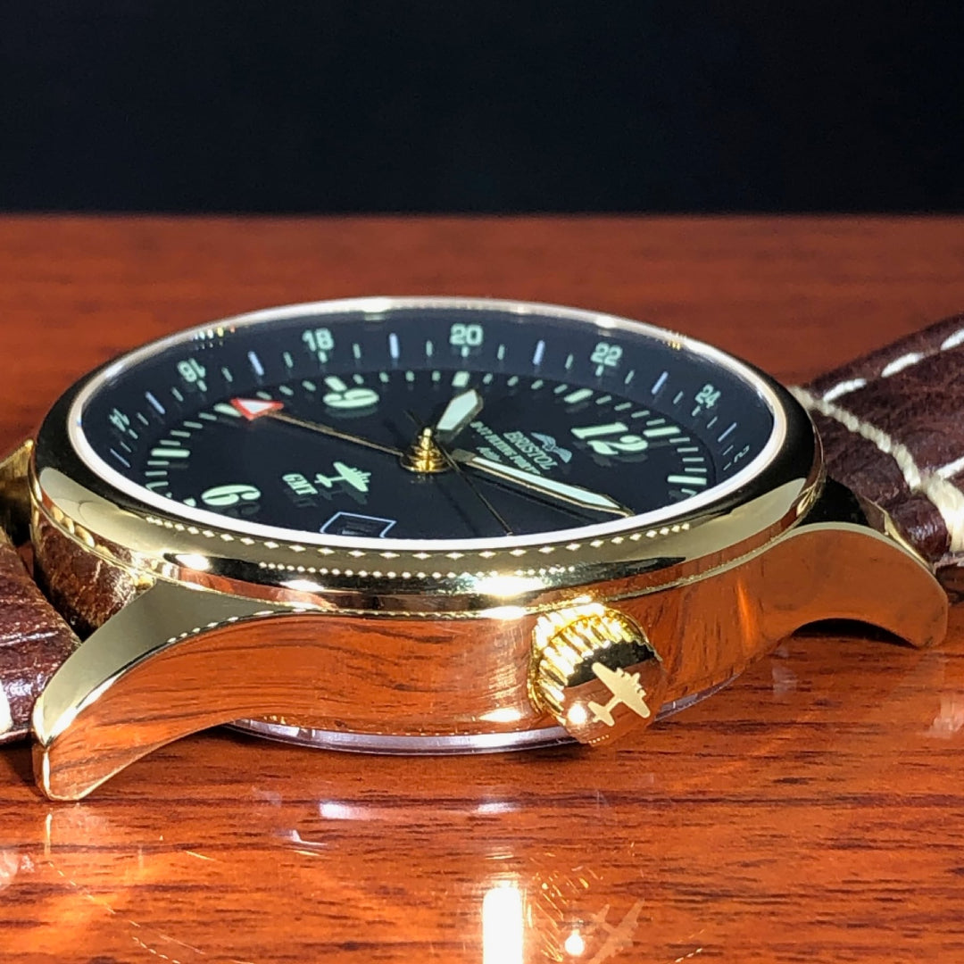 B-17 Tribute - Gold Finish, Black Dial, Stainless Steel, Brown Leather Band with Stitching