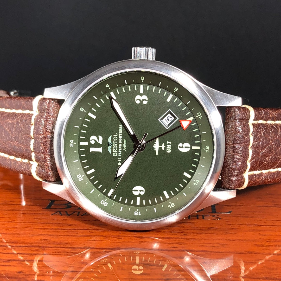 B-17 Tribute - Stainless Brush Finish, Dark Green Dial, Brown Leather Band with Stitching