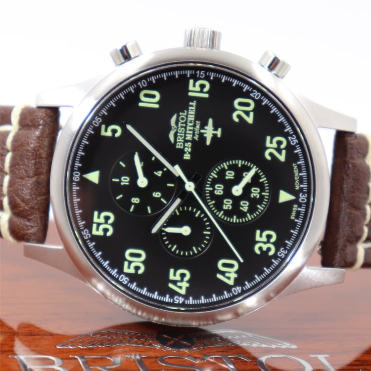 B-25 Mitchell Tribute - Stainless Steel, Brush Finish, Black Dial, Brown Leather Stitched Band