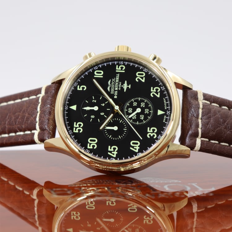 B-25 Mitchell Tribute - Gold Finish, Black Dial, Brown Leather Band with Stitching