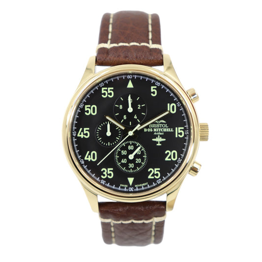 B-25 Mitchell Tribute - Gold Finish, Black Dial, Brown Leather Band with Stitching