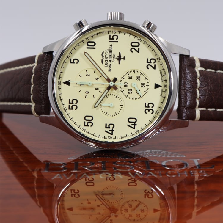 B-25 Mitchell Tribute - Stainless Steel, Polished Finish, Beige Dial, Brown Leather Band with Stitching