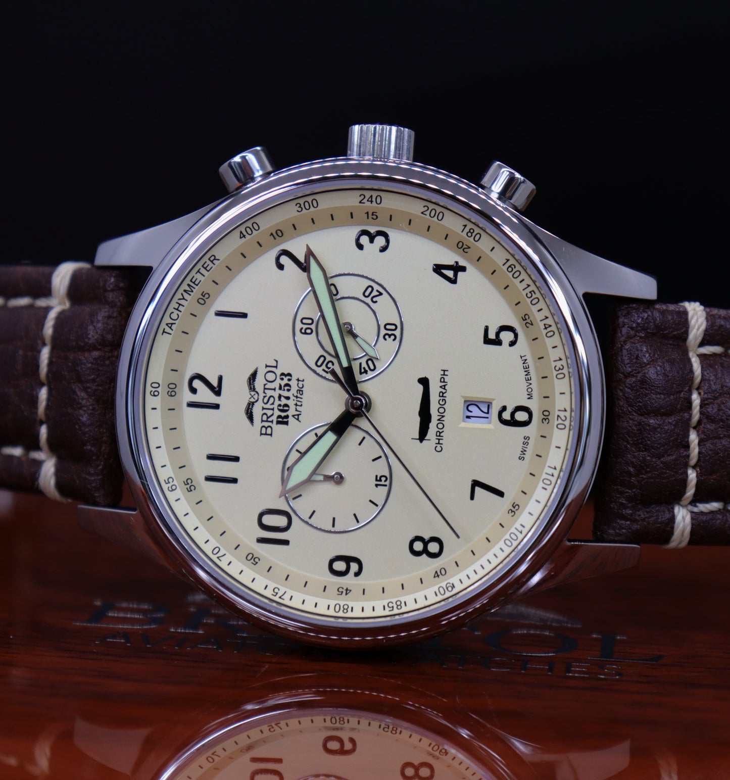 R6753 - Our Spitfire R6753 Tribute - Stainless Steel, Polished Finish, Beige Dial, Brown Leather Band