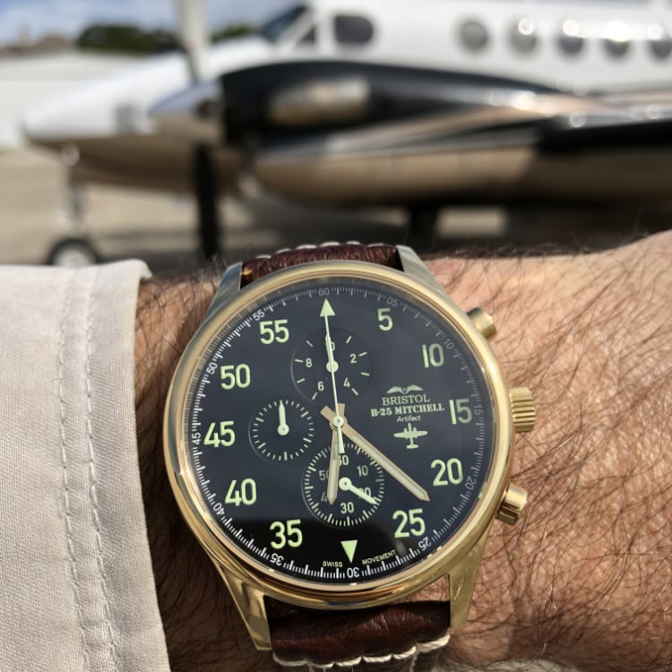 B-25 Mitchell Tribute - Gold Finish, Black Dial, Brown Leather Band with Stitching