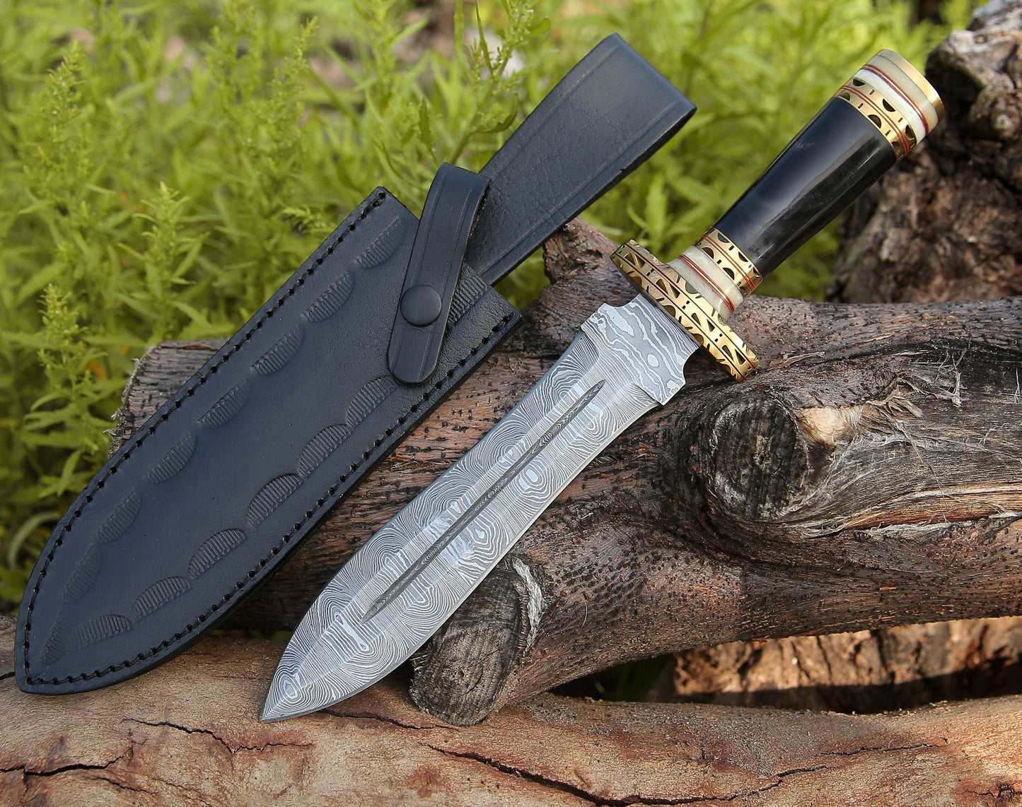 Fear Hand Forged Damascus Knife, Full Tang, Fixed Blade Double-Edged Dagger knife