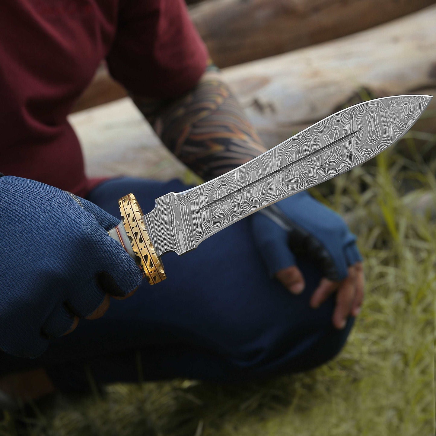 Fear Hand Forged Damascus Knife, Full Tang, Fixed Blade Double-Edged Dagger knife