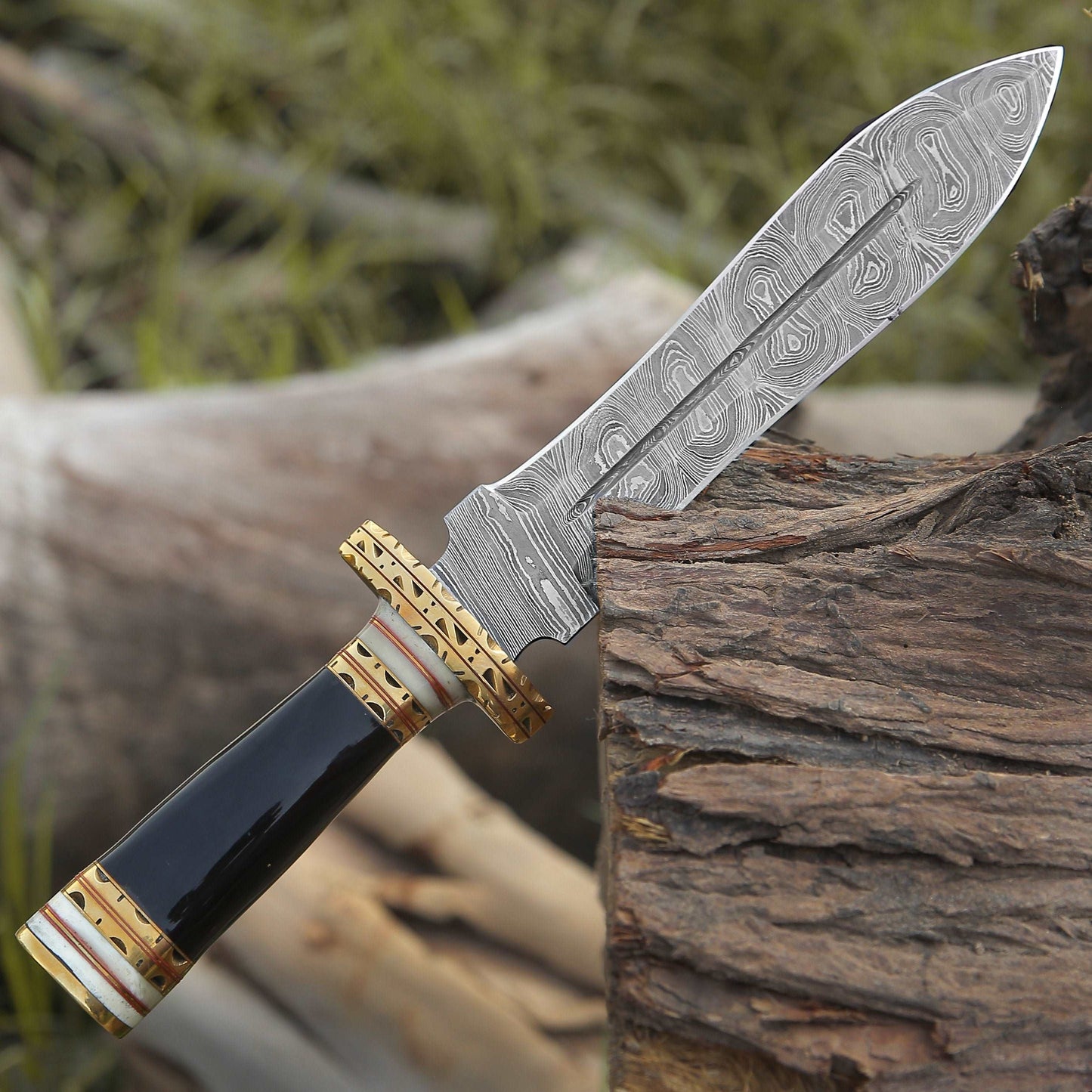 Fear Hand Forged Damascus Knife, Full Tang, Fixed Blade Double-Edged Dagger knife