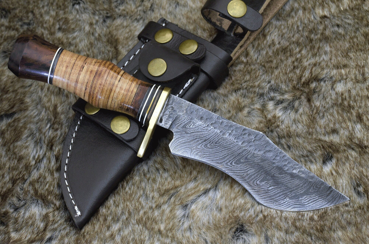 Damascus Talon™ 10.5" Fixed Blade Tanto Hunting Knife with Walnut Wood & Stacked Leather Handle — The Ultimate Deer Hunting Knife for Field Dressing