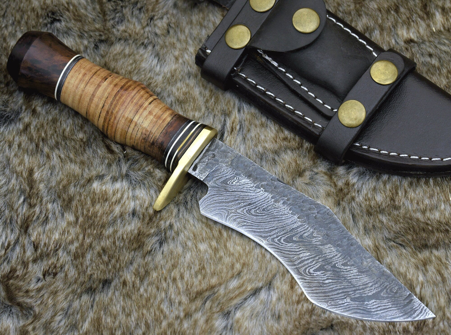 Damascus Talon™ 10.5" Fixed Blade Tanto Hunting Knife with Walnut Wood & Stacked Leather Handle — The Ultimate Deer Hunting Knife for Field Dressing