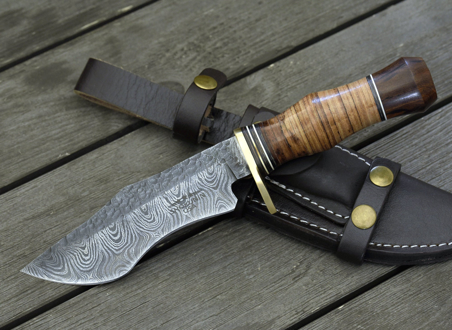 Damascus Talon™ 10.5" Fixed Blade Tanto Hunting Knife with Walnut Wood & Stacked Leather Handle — The Ultimate Deer Hunting Knife for Field Dressing