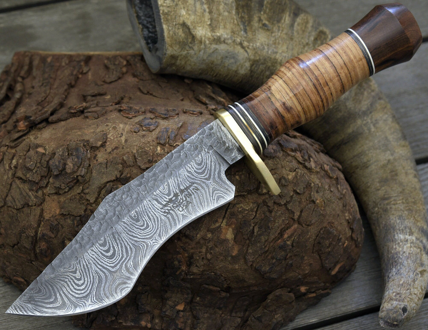 Damascus Talon™ 10.5" Fixed Blade Tanto Hunting Knife with Walnut Wood & Stacked Leather Handle — The Ultimate Deer Hunting Knife for Field Dressing