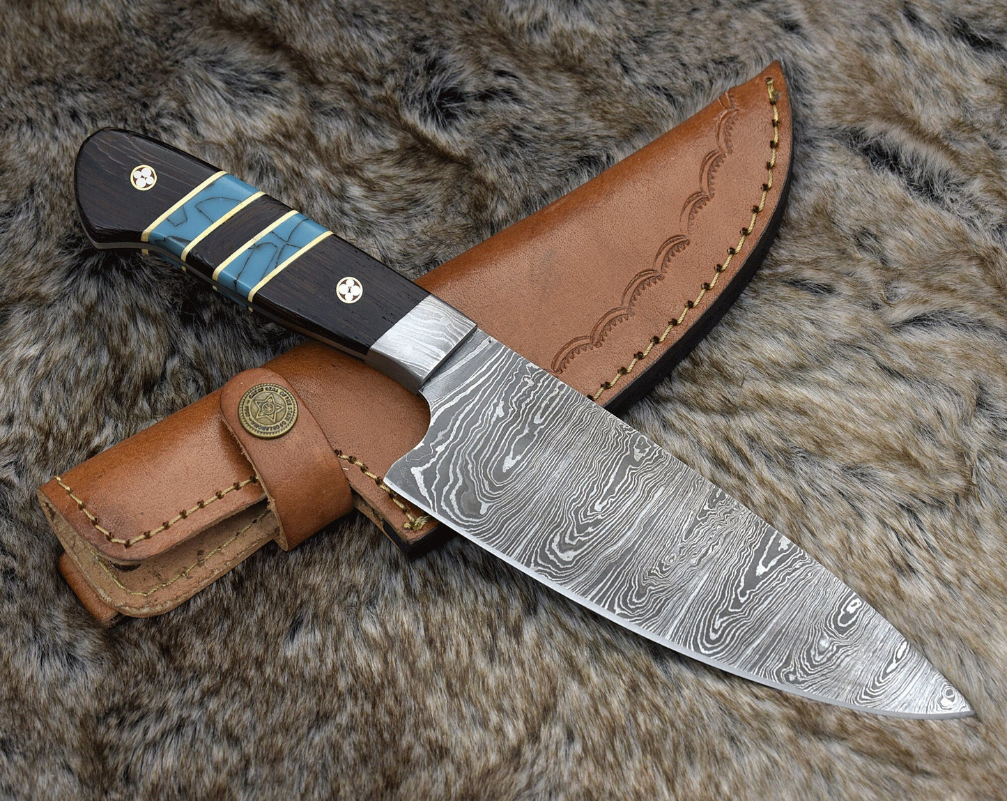 Damascus Chef Knife with Drop-Point French Blade | 10.5" Handcrafted Knife with Wenge & Turquoise Handle | Complimentary Leather Sheath & Personalization