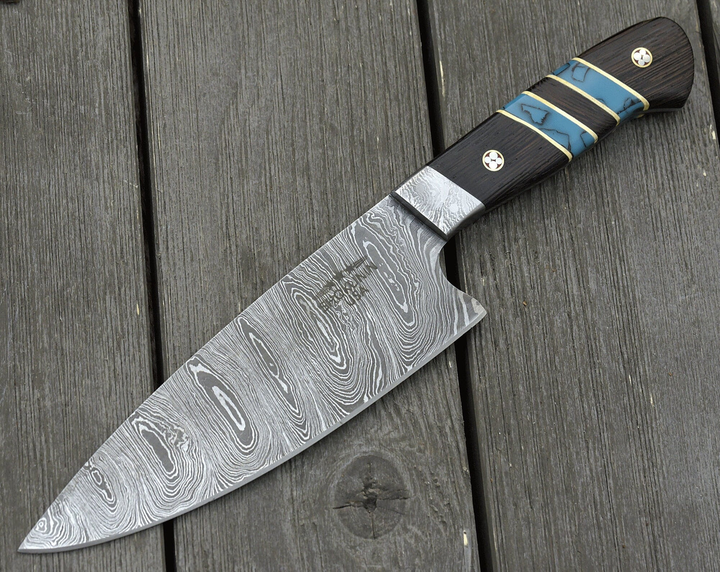 Damascus Chef Knife with Drop-Point French Blade | 10.5" Handcrafted Knife with Wenge & Turquoise Handle | Complimentary Leather Sheath & Personalization