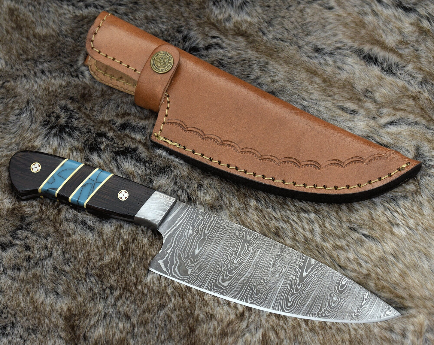 Damascus Chef Knife with Drop-Point French Blade | 10.5" Handcrafted Knife with Wenge & Turquoise Handle | Complimentary Leather Sheath & Personalization