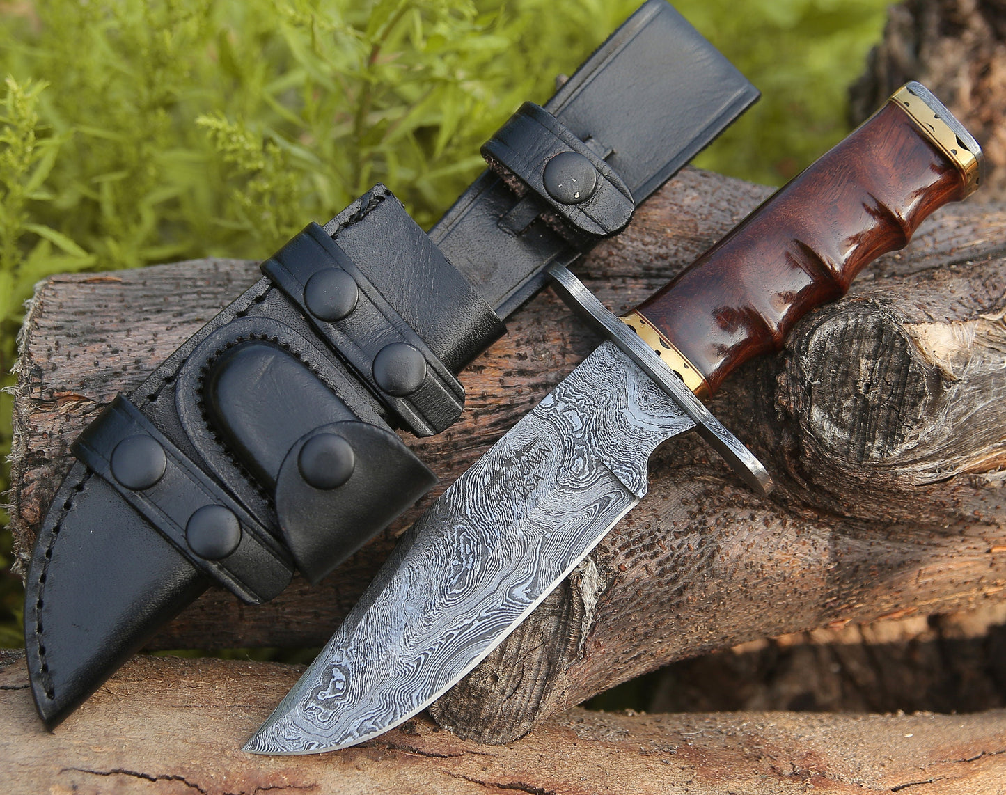 Star Bowie Knife w/ Sheath Damascus Steel Hunting Camping Utility Skinning Survival Knive