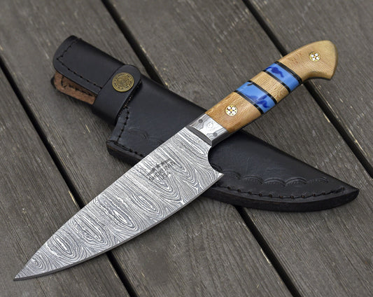 French-Style Chef Knife with Hand-Forged Damascus Steel and Exotic Leopard Wood Handle - Includes Personalization Options