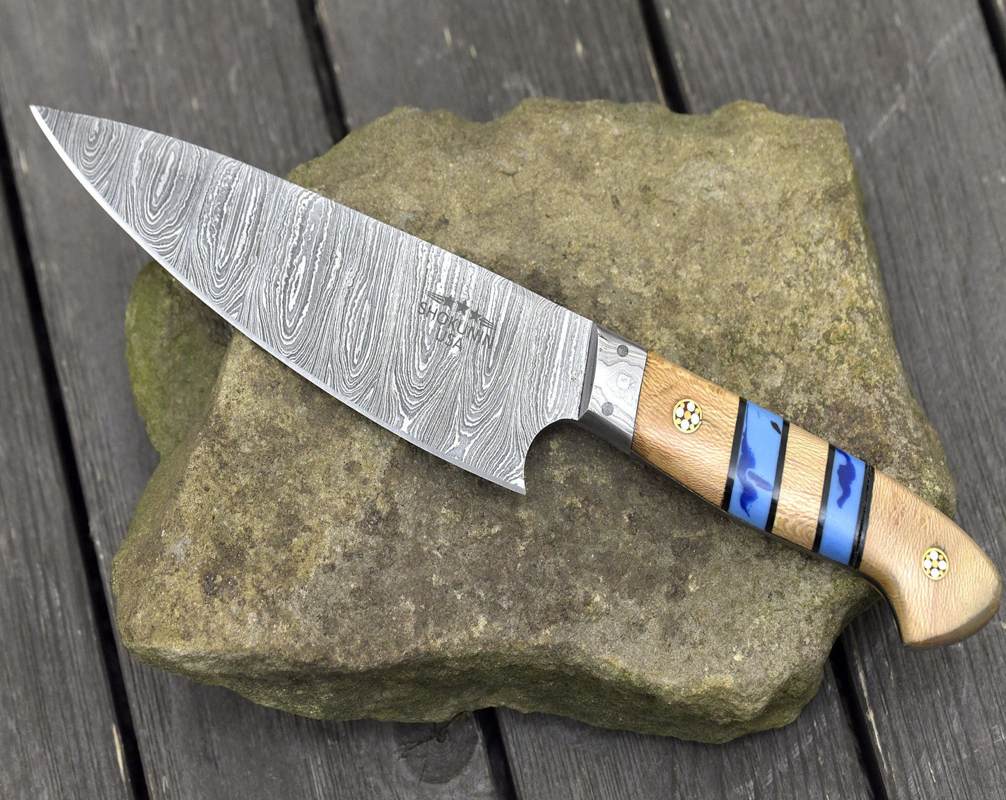 French-Style Chef Knife with Hand-Forged Damascus Steel and Exotic Leopard Wood Handle - Includes Personalization Options