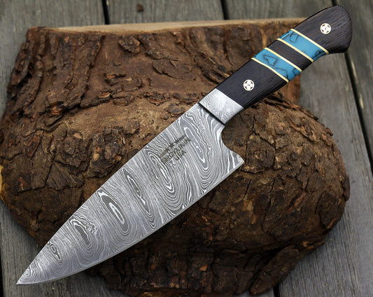 Damascus Chef Knife with Drop-Point French Blade | 10.5" Handcrafted Knife with Wenge & Turquoise Handle | Complimentary Leather Sheath & Personalization